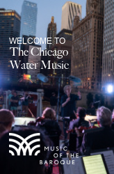 image of Dame Jane Glover conducting the MOB Orchestra with text: "Welcome to The Chicago Water Music